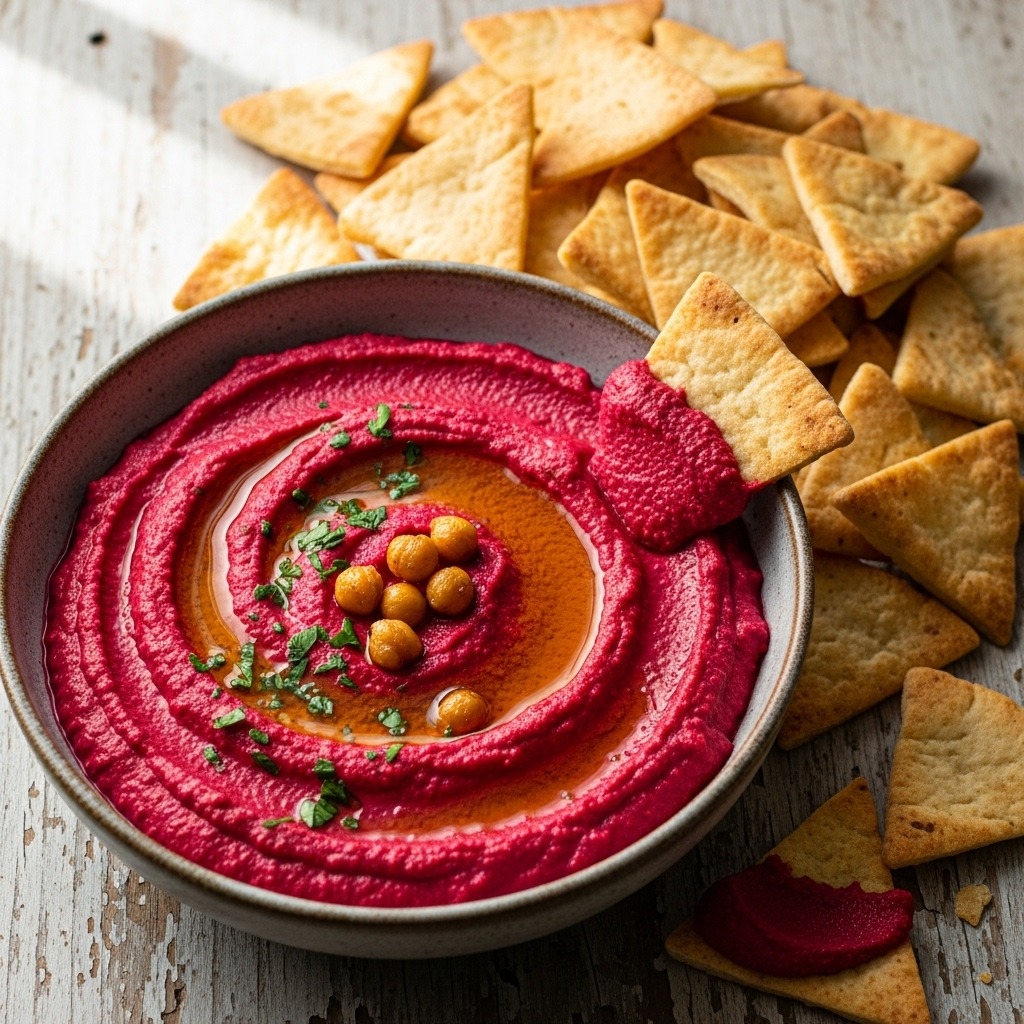 Bloody Beet Hummus with Pita Chips